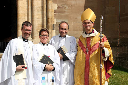 Ordination completed: me with Hazel Charlton and Richard Bubbers, and the Bishop of Worcester, John Inge. 